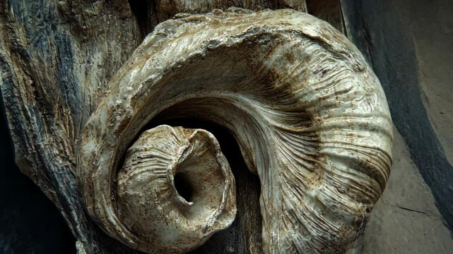 Spiral shell embedded in weathered rock formation near coastal shore during low tide at sunrise