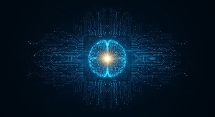 Abstract sci-fi background with glowing blue and gold elements. A symmetrical design evokes a sense of futuristic technology and digital network in a vibrant, dynamic composition. 