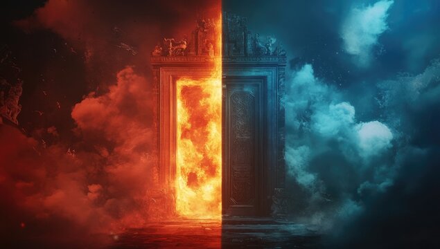 Ancient stone door opens to fiery gateway between heaven and hell