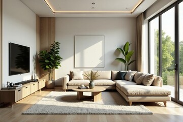Spacious living room with modern furniture and natural light, furniture, comfortable