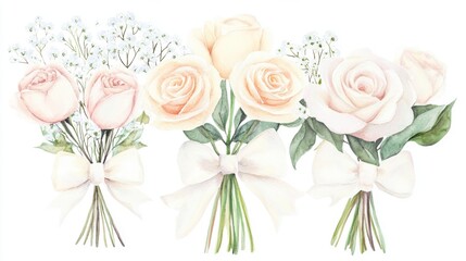 Delicate watercolor bouquets featuring soft pink roses and baby's breath, elegantly tied with satin ribbons. Perfect for wedding themes and floral decor.