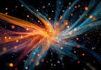 Fototapeta premium Abstract colorful light burst with swirling patterns and glowing particles creating a dynamic energy flow and vibrant visual effects in dark space