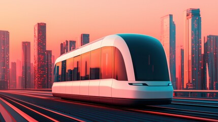 A tram cruising through a modern skyline at sunset, showcasing advanced urban transportation.