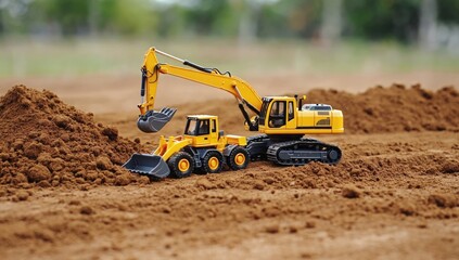 Obraz premium Toy excavators working on a construction site
