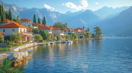 Fototapeta premium Coastal village, sunny bay, mountains, travel brochure