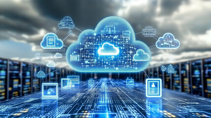 Floating Digital Clouds with Glowing Blue Data Nodes in Modern AI Cloud Computing Environment