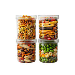 Four jars filled with a variety of colorful snacks, including nuts, seeds, and dried fruits, stacked neatly.