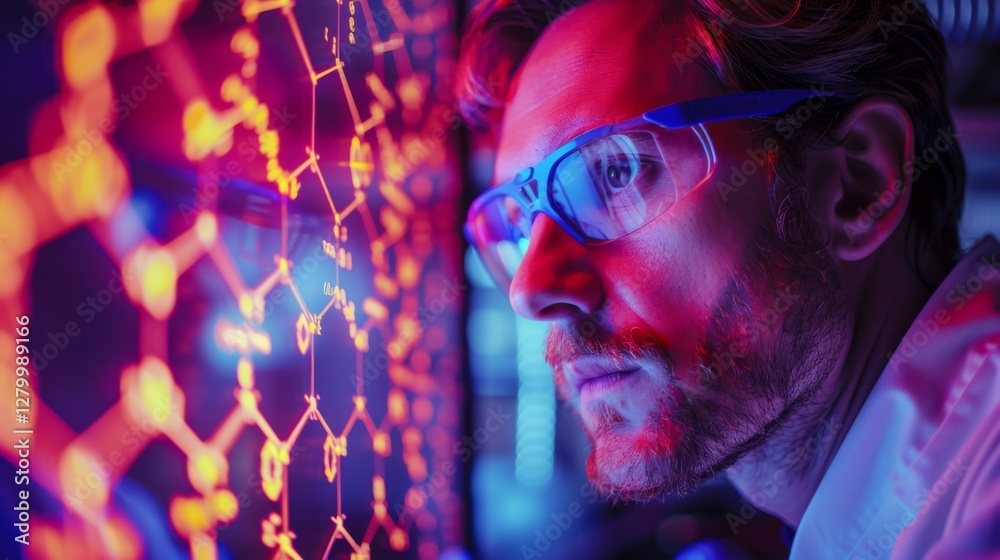 Aufkleber A scientist with glasses studies intricate molecular structures illuminated by vibrant colors in a high tech laboratory environment, focused on groundbreaking research.