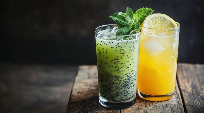Refreshing Summer Drinks: Two vibrant glasses of refreshing summer drinks, one a zesty yellow concoction with a lemon wedge and the other a green elixir garnished with fresh mint.