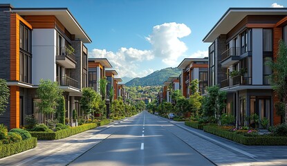 Contemporary urban street with modern apartment complexes and manicured greenery under clear sky, ideal for real estate marketing, city planning visuals and architectural firm presentations.