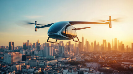A futuristic electric air taxi hovers above a high-tech city skyline, illuminated by golden hour sunlight, featuring a sleek aerodynamic design and showcasing modern, sustainable urban transportation.