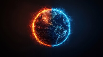 Obraz premium A stunning visual of Earth divided into fiery orange and icy blue halves, representing climate change and duality.