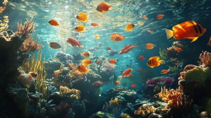 Fototapeta premium Vibrant Underwater Coral Reef Scene With Colorful Fish