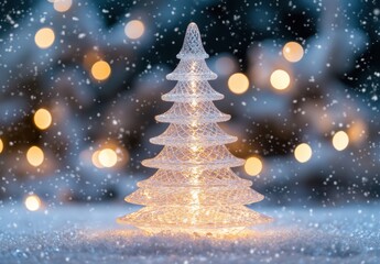 Beautiful illuminated glass Christmas tree decoration with soft snowflakes and bokeh lights in the background forming a magical holiday atmosphere