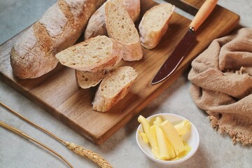 fresh baguettes on the table baking bakery products. bread and rolls in the bakery.

