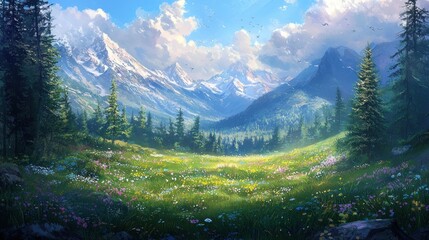 Sunlit alpine meadow with wildflowers, snow-capped mountains, and pine trees. (1)