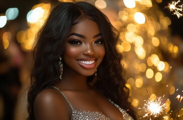 Fototapeta premium Beautiful young woman smiles brightly with dark curly hair in a sparkling dress against a backdrop of festive lights and sparklers at a celebration