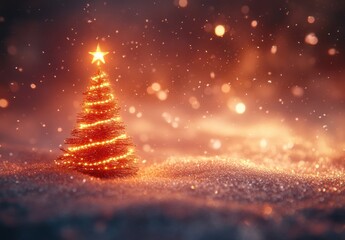 Beautifully Lit Christmas Tree with Star on Top in a Snowy Landscape Surrounded by Warm Glowing Lights and Falling Snowflakes at Night