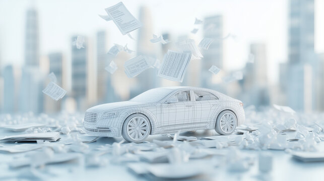Abstract Automotive Fantasy: A pristine white car, seemingly born from a vision, navigates a surreal cityscape with papers and debris swirling about it in an artistic dreamscape.