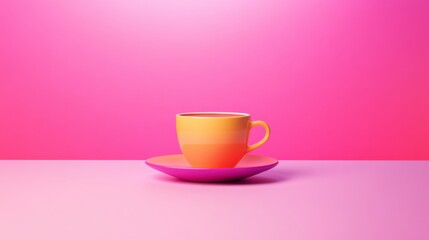 Fototapeta premium Vibrant gradient coffee cup resting on a colorful plate against a pink backdrop, perfect for design