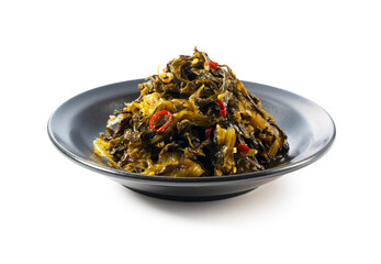 Karashi Takana on a White Background – Karashi Takana: A Japanese-Style Pickle Made from Mustard Greens