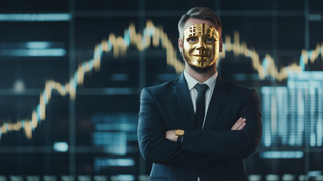 Stock Market Enigma: A confident businessperson, donning a golden mask, stands composed in front of a dynamic stock market graph, suggesting complex themes of investment and identity.