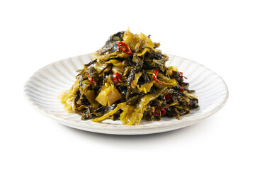 Karashi Takana on a White Background – Karashi Takana: A Japanese-Style Pickle Made from Mustard Greens