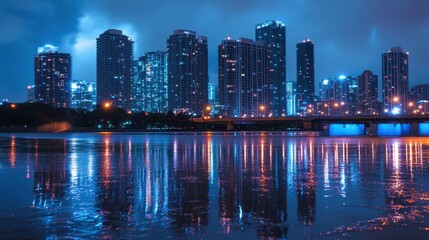 Fototapeta premium Night cityscape with vibrant reflections. Perfect for urban, modern, or technology themes.