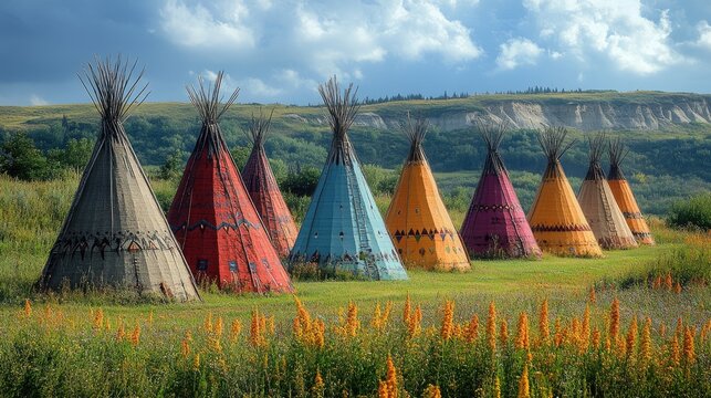 Colorful teepees on prairie, scenic hills background