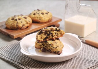 Soft Chocochip Cookies on white plate, served with milk.

