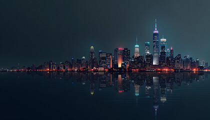 Naklejka premium a city skyline at night with a body of water in the foreground