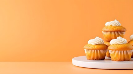 Freshly Baked Cupcakes on White Plate Against Orange Background