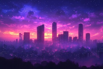Fototapeta premium Cityscape sunset, starry night, digital art