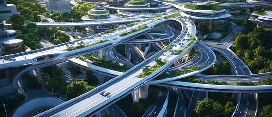 Futuristic urban highway with greenery and cars.