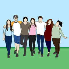 Obraz premium The group includes males and females, dressed casually in t-shirts, jeans, and shorts., stand shoulder to shoulder .