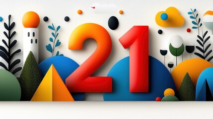 Fototapeta premium Abstract digital depicting the vibrant colorful and modern design of the number 21 The composition features a stylized geometric representation of the numeral with a textured patterned background