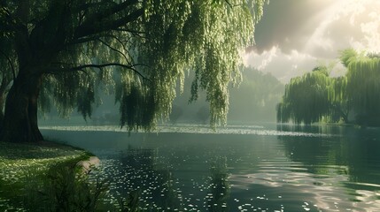 Obraz premium Idyllic Lakeside Scene with Weeping Willows and Reflective Waters