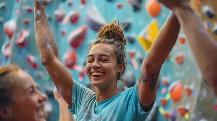 A cheerful climber raises their arms in triumph after conquering a tough route at a vibrant indoor climbing gym with colorful holds and encouraging friends.
