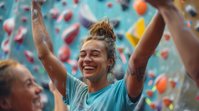 A cheerful climber raises their arms in triumph after conquering a tough route at a vibrant indoor climbing gym with colorful holds and encouraging friends. - Powered by Adobe