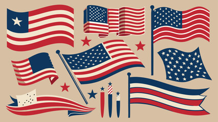 Vector Set of USA Flag Icons in Various Shapes – Heart, Circle, State, and Waving American Flags