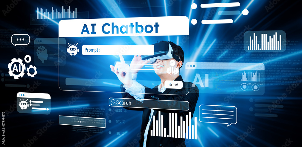 Poster smart businessman wearing suit and vr goggle while using ai assistance planning plan. project manage
