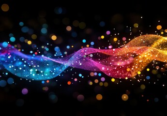 Colorful abstract wave of light trails with bokeh effect creating a vibrant background for digital designs and artistic expressions in various media formats
