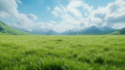 Obraz premium Rolling Green Landscape: A sweeping vista of a vibrant green meadow under a clear blue sky dotted with fluffy clouds, with majestic mountains in the distance.