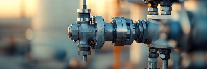 Close up of pipeline valve regulating oil flow in a refinery plant at sunset, showcasing industrial machinery and processes related to energy production and distribution