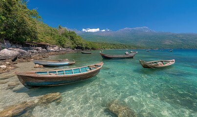 Fototapeta premium Tropical Paradise Boats on Clear Blue Sea with Lush Coastline Under Sunny Skies