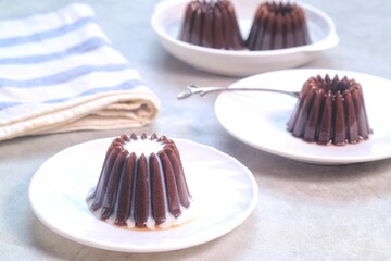 Homemade Dessert Puding coklat or chocolate pudding on white background, have a sweet taste. Made from jelly, cocoa powder, sugar, and milk.
