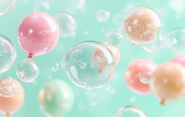Colorful Balloons and Bubbles on Soft Mint Background Creating a Fun and Playful Atmosphere for Celebrations and Joyful Events