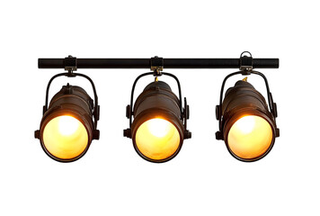 Three Industrial Style Ceiling Mounted Spotlights Illuminated in Warm Light.