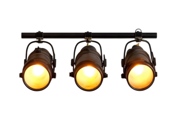 Three Industrial Style Ceiling Mounted Spotlights Illuminated in Warm Light.