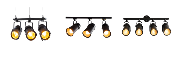 Three Types of Ceiling Track Lighting Fixtures with Bulbs.